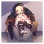  1girl absurdres artist_name asa_no_ha_(pattern) bamboo basket bit_gag black_hair black_haori brown_footwear commentary_request cursive fingernails forehead gag gradient_hair hair_ribbon haori highres in_basket japanese_clothes kamado_nezuko kimetsu_no_yaiba kimono leg_warmers light_particles long_fingernails long_hair long_sleeves looking_at_viewer mouth_hold multicolored_hair partial_commentary pink_eyes pink_kimono pink_ribbon ribbon sandals signature solo tabi takamiya_ren two-tone_hair very_long_hair white_legwear 