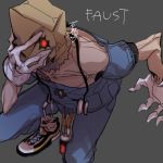  1boy absurdres bag character_name collarbone cross doctor faust_(guilty_gear) gloves grey_background guilty_gear guilty_gear_strive hand_on_own_face highres male_focus paper_bag red_eyes roas01b shoes simple_background sneakers solo standing white_gloves 