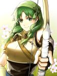  1girl armpit_peek bandana bangs black_gloves bodysuit bow_(weapon) braid breasts delsaber eyebrows_visible_through_hair fingerless_gloves fire_emblem fire_emblem:_the_blazing_blade flower foreshortening gloves green_eyes green_hair large_breasts lips looking_at_viewer medium_hair parted_bangs rebecca_(fire_emblem) shoulder_armor side_braids smile solo twin_braids upper_body vest weapon 