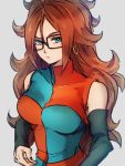  1girl android_21 black-framed_eyewear blue_eyes breasts checkered checkered_dress closed_mouth detached_sleeves dragon_ball dragon_ball_fighterz dress earrings glasses grey_background hair_between_eyes hoop_earrings jewelry kemachiku long_hair looking_at_viewer medium_breasts redhead simple_background solo 
