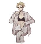  1girl alternate_costume androgynous blonde_hair blue_eyes bra breasts highres jacket jacket_removed looking_away nanaba open_clothes open_shirt pants paper pen pi0w0pi reverse_trap shingeki_no_kyojin shirt short_hair small_breasts solo undercut underwear white_background white_pants 