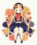  1girl abigail_williams_(fate/grand_order) blonde_hair blue_eyes bow fate/grand_order fate_(series) floral_background flower grey_background hair_bow hat highres knees_together_feet_apart long_hair long_sleeves looking_at_viewer mimo_lm rose simple_background sleeves_past_wrists solo stuffed_animal stuffed_toy teddy_bear 