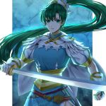  1girl delsaber earrings fingerless_gloves fire_emblem fire_emblem:_blazing_sword fire_emblem:_rekka_no_ken fire_emblem:_the_blazing_blade fire_emblem_7 fire_emblem_heroes gloves green_eyes green_hair holding holding_sword holding_weapon intelligent_systems jewelry long_hair lyn_(fire_emblem) lyndis_(fire_emblem) nintendo parted_lips ponytail short_sleeves solo super_smash_bros. sword upper_body weapon white_gloves 