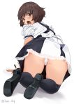  1girl akiyama_yukari all_fours alternate_costume ass bangs black_footwear black_legwear blue_skirt blush brown_eyes brown_hair commentary embarrassed enmaided eyebrows_visible_through_hair from_behind frown girls_und_panzer hami_dmg high_heels lace lace-trimmed_skirt looking_at_viewer looking_back maid messy_hair miniskirt open_mouth panties pantyshot puffy_short_sleeves puffy_sleeves shadow shirt short_hair short_sleeves simple_background skirt solo sweat thigh-highs twintails underwear white_background white_panties white_shirt 