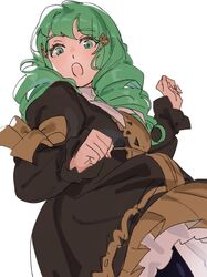  1girl bow fire_emblem fire_emblem:_three_houses flayn_(fire_emblem) garreg_mach_monastery_uniform green_eyes green_hair hair_ornament long_hair long_sleeves open_mouth simple_background snsikwii solo uniform white_background 