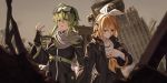  2girls alternate_costume bandaged_hand black_coat black_gloves black_jacket breasts city closed_mouth commentary_request destruction fingerless_gloves gloves goggles goggles_on_head gumi hair_between_eyes hair_ornament hair_over_one_eye hairband hairclip hand_on_own_chest hand_up highres jacket kagamine_rin long_sleeves looking_down looking_to_the_side medium_breasts medium_hair multiple_girls neckerchief open_clothes open_jacket outdoors parted_lips ruins scarf side_ponytail small_breasts vocaloid white_hairband white_scarf wide_sleeves wounds404 yellow_neckwear 