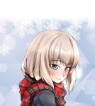  1girl abimaru_gup bangs black_coat blue_background blue_eyes closed_mouth commentary eyebrows_visible_through_hair from_side girls_und_panzer itsumi_erika looking_at_viewer medium_hair plaid plaid_scarf portrait red_scarf scarf silver_hair smile snowflake_print solo twitter_username 