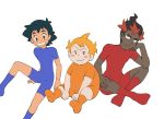  3boys black_hair blue_unitard brown_eyes crossed_legs dark_skin dark_skinned_male djmn_c grin hand_on_own_chin hands_on_ground kaki_(pokemon) mamane_(pokemon) multicolored_hair multiple_boys no_hat no_headwear orange_hair orange_unitard pokemon pokemon_(anime) pokemon_sm_(anime) red_unitard satoshi_(pokemon) simple_background sitting smile spiky_hair teeth unitard white_background 