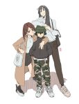  3girls arm_around_shoulder artist_name asakusa_midori bag bangs black_hair black_jacket bob_cut brown_bag brown_coat brown_eyes brown_hair brown_legwear bucket_hat camouflage camouflage_legwear cargo_pants closed_mouth coat dark_skin edpan eizouken_ni_wa_te_wo_dasu_na! eyewear_on_head glasses green_headwear green_legwear grin hair_between_eyes hair_strand handbag hat height_difference highres hood hoodie jacket jewelry kanamori_sayaka light_smile long_hair looking_at_viewer medium_hair mizusaki_tsubame multiple_girls necklace pants parted_bangs plaid plaid_skirt shadow shirt shoes short_hair simple_background skirt smile sneakers teeth trench_coat white_background white_bag white_hoodie white_shirt 