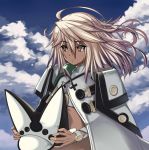  1girl beltbra blonde_hair breasts cape closed_mouth clouds dark_skin guilty_gear guilty_gear_xrd hat highres long_hair ramlethal_valentine solo takanashi-a 