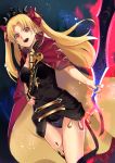  1girl :d asymmetrical_legwear black_legwear blonde_hair blue_panties bow cape diadem dutch_angle earrings ereshkigal_(fate/grand_order) fate/grand_order fate_(series) floating_hair hair_bow hand_on_hip holding holding_sword holding_weapon jewelry long_hair looking_at_viewer open_mouth orange_eyes panties red_bow red_cape shimozuki_shio single_thighhigh smile solo standing sword thigh-highs twintails underwear v-shaped_eyebrows very_long_hair weapon 