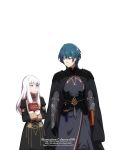  1boy 1girl :o armor artist_name black_gloves blue_eyes blue_hair book book_hug byleth_(fire_emblem) byleth_eisner_(male) coat dagger dannex009 fire_emblem fire_emblem:_three_houses garreg_mach_monastery_uniform gloves highres holding holding_book long_hair long_sleeves looking_at_another lysithea_von_ordelia pink_eyes simple_background smile uniform watermark weapon white_background white_hair 