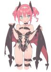  1girl bare_shoulders black_choker blade_(galaxist) blue_eyes blush choker cross cross_choker eyebrows_visible_through_hair fang fingernails holding horns long_hair navel open_mouth original pink_hair pointy_ears shiny shiny_skin simple_background solo thigh_strap white_background 