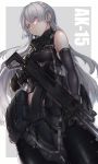  1044829677 1girl absurdres ak-15 ak-15_(girls_frontline) bare_shoulders black_gloves braid breasts crotch_plate elbow_gloves eyebrows_visible_through_hair girls_frontline gloves greaves gun hair_over_one_eye highres holding holding_gun holding_weapon huge_filesize long_hair looking_at_viewer mask_around_neck silver_hair solo violet_eyes weapon 