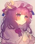  1girl bangs blunt_bangs blush bow chikuwa_(tikuwaumai_) closed_mouth commentary_request crescent eyebrows_visible_through_hair hair_bow hat highres long_hair looking_away patchouli_knowledge purple_bow purple_hair sketch solo touhou upper_body violet_eyes 
