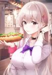  1girl bangs belt_collar blurry blurry_background blush bread breasts bunny_hair_ornament carrot_hair_ornament collar collarbone collared_shirt commentary_request eyebrows_visible_through_hair food food_themed_hair_ornament grey_eyes gyaru hair_ornament hairclip hand_in_hair hands_up highres holding holding_food hot_dog indoors ketchup lamp large_breasts lettuce long_hair looking_at_viewer original ran9u sausage school_uniform shirt sidelocks silver_hair sleeves_rolled_up smile solo table upper_body watch watch white_shirt wristband 