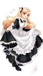  1girl :d alternate_costume black_dress black_footwear blonde_hair blush chiachun0621 commentary_request curtsey dress enmaided ereshkigal_(fate/grand_order) fate/grand_order fate_(series) full_body highres long_sleeves looking_at_viewer maid maid_headdress open_mouth red_eyes signature simple_background skirt_hold smile solo standing standing_on_one_leg two_side_up white_background 
