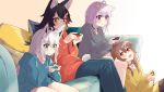  4girls :q animal_ear_fluff animal_ears aqua_eyes black_hair braid brown_hair cat_ears controller couch dog_ears fox_ears game_controller gamepad hololive hood hood_down hoodie inugami_korone long_hair multicolored_hair multiple_girls nekomata_okayu no_pants nuko_miruku ookami_mio orange_eyes pants pillow playing_games purple_hair shirakami_fubuki short_hair silver_hair sitting streaked_hair sweater tongue tongue_out twin_braids video_game violet_eyes virtual_youtuber wolf_ears 