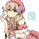  1girl blush bow braid breasts brown_eyes brown_hair dress english_text eyebrows_visible_through_hair faye_(fire_emblem) fire_emblem fire_emblem_echoes:_shadows_of_valentia fire_emblem_heroes flower hair_between_eyes hair_flower hair_ornament hat heart leaning_forward light_brown_hair long_hair looking_at_viewer medium_breasts off-shoulder_dress off_shoulder parted_lips pink_headwear side_braids simple_background solo twin_braids twitter_username upper_body white_background yukia_(firstaid0) 
