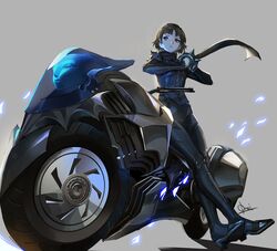  1girl artist_name black_bodysuit bodysuit brass_knuckles brown_hair closed_mouth full_body gloves glowing grey_background looking_away looking_to_the_side niijima_makoto persona persona_5 qosic red_eyes serious short_hair shoulder_spikes signature simple_background sitting solo spikes v-shaped_eyebrows weapon white_gloves 