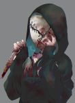  1girl black_collar black_hoodie black_nails blood bloody_hands blue_hair character_request clothes_writing collar collarbone commentary_request dead_by_daylight facing_viewer grey_background highres holding hood hood_up hoodie kayanogura long_hair mask nail_polish rust simple_background sleeves_past_wrists solo upper_body 
