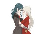  2girls aqua_hair arm_guards arms_around_waist back_cutout byleth_(fire_emblem) byleth_eisner_(female) chocotto715 closed_eyes couple edelgard_von_hresvelg fire_emblem fire_emblem:_three_houses highres hug jewelry lens_flare multiple_girls ring silver_hair simple_background smile upper_body yuri 
