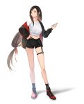  1girl absurdres black_hair black_jacket black_shorts breasts cellphone earrings final_fantasy final_fantasy_vii full_body hand_on_hip highres jacket jewelry long_hair low-tied_long_hair midriff mt_(ringofive) phone red_eyes red_footwear shirt shoes shorts skirt sneakers solo standing tifa_lockhart white_background white_shirt 