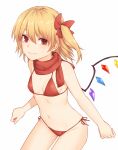  1girl bangs bare_arms bare_shoulders bikini blonde_hair blush bow breasts commentary cowboy_shot eyebrows_visible_through_hair flandre_scarlet hair_between_eyes hair_bow looking_at_viewer miyo_(ranthath) navel one_side_up red_bikini red_bow red_eyes red_scarf scarf short_hair side-tie_bikini simple_background small_breasts solo stomach sweat swimsuit thighs touhou white_background wings 