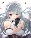  &gt;:) 1girl aiming_at_viewer bangs bare_shoulders black_skirt blood blood_on_face bloody_clothes blush breasts casing_ejection earrings eyebrows_visible_through_hair frilled_skirt frills gloves grey_hair gun handgun high-waist_skirt highres jewelry kurorakudaaa large_breasts long_hair maid mouth_hold original red_eyes shell_casing signature single_glove skirt solo underbust very_long_hair weapon white_gloves wind wind_lift 