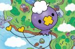  ._. black_eyes bridge building clouds day drifloon floating gen_4_pokemon house official_art outdoors pokemon pokemon_trading_card_game stairs third-party_source tree umemoto_kyouko water 