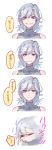  1girl commentary_request eyebrows_visible_through_hair eyes_visible_through_hair girls_frontline grin highres sharp_teeth shuzi sl8_(girls_frontline) smile sneezing solo taking_picture teeth violet_eyes white_hair 
