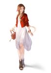  1girl absurdres bag blue_eyes bow bracelet brown_footwear brown_hair dress final_fantasy final_fantasy_vii full_body hair_bow handbag highres jacket jewelry long_hair mt_(ringofive) necklace open_toe_shoes pink_bow red_jacket smile solo standing white_background white_dress 