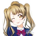  1girl ;p alternate_hairstyle anibache bangs blue_jacket bow bowtie eyebrows_visible_through_hair head_tilt jacket light_brown_hair long_hair love_live! love_live!_school_idol_project minami_kotori one_eye_closed red_bow red_neckwear shiny shiny_hair shirt solo striped striped_neckwear tongue tongue_out transparent_background twintails upper_body white_shirt yellow_eyes 
