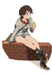  1girl bag boots brick_wall brown_eyes brown_hair casual commentary cup disposable_cup drinking full_body handbag highres hood hoodie kantai_collection long_sleeves mogami_(kantai_collection) ningen_(ningen96) plaid plaid_shirt shirt short_hair shorts sitting socks solo white_background 