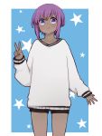 1girl black_shorts blue_background blush closed_mouth dark_skin fate/prototype fate/prototype:_fragments_of_blue_and_silver fate_(series) hand_up hassan_of_serenity_(fate) i.u.y long_sleeves purple_hair short_shorts shorts sidelocks sleeves_past_wrists smile solo star starry_background sweat sweater two-tone_background v violet_eyes white_background white_sweater 