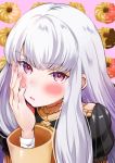  1girl absurdres blush doughnut fire_emblem fire_emblem:_three_houses food garreg_mach_monastery_uniform highres long_hair long_sleeves lysithea_von_ordelia oroshipon_zu parted_lips pink_eyes solo uniform upper_body white_hair 