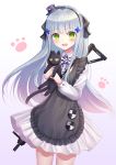  1girl :d animal apron assault_rifle bangs black_apron black_bow black_cat black_hairband blush bow cat checkered checkered_bow collared_shirt commentary eyebrows_visible_through_hair facial_mark frilled_apron frills girls_frontline gradient gradient_background green_eyes gun h&amp;k_hk416 hair_bow hair_ornament hairband hat highres hk416_(girls_frontline) holding holding_animal jitome long_hair looking_at_viewer mini_hat object_namesake open_mouth pleated_skirt purple_background purple_headwear rifle seungju_lee shirt silver_hair skirt smile solo standing tilted_headwear very_long_hair weapon weapon_on_back white_background white_shirt white_skirt 