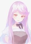  1girl bow frills grey_background jewelry long_hair minoa_(lastswallow) necklace original parted_lips pearl_necklace pink_hair pink_lips puffy_sleeves purple_bow red_eyes simple_background smile solo 