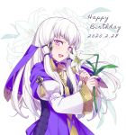  1girl dated dress fire_emblem fire_emblem:_three_houses flower hair_ornament happy_birthday hiyori_(rindou66) holding long_hair long_sleeves lysithea_von_ordelia open_mouth pink_eyes solo upper_body white_hair 