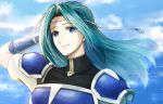  1girl aqua_hair bangs blue_eyes blue_gloves bodysuit breastplate clouds cloudy_sky day delsaber elbow_gloves fiora_(fire_emblem) fire_emblem fire_emblem:_the_blazing_blade gloves hand_in_hair lips long_hair looking_at_viewer outdoors parted_bangs sky smile solo string upper_body wind 