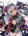  1girl absurdres ahoge asymmetrical_bangs azur_lane bangs blurry blush breasts bubble closed_mouth cowboy_shot depth_of_field dodon_gadon eyebrows_visible_through_hair floating_hair garter_straps hair_ornament hand_on_hip highres iron_cross large_breasts long_hair long_sleeves looking_at_viewer military military_uniform mole mole_on_breast multicolored_hair orange_eyes prinz_eugen_(azur_lane) redhead rigging shield sideboob silver_hair simple_background smile solo thighs twintails two-tone_hair uniform white_background 