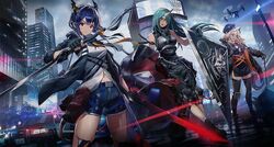  3girls animal_ears arknights bangs black_legwear blonde_hair blue_hair boots car ch&#039;en_(arknights) city clothes_around_waist dragon_horns dragon_tail drill_hair drone dual_wielding dutch_angle fingerless_gloves gloves green_hair ground_vehicle hair_over_one_eye hat holding holding_sword holding_weapon horn horns hoshiguma_(arknights) jacket katana knee_pads long_hair looking_at_viewer motor_vehicle motorcycle multiple_girls necktie oni_horns open_clothes open_jacket police_car red_eyes shorts skin-covered_horns swav swire_(arknights) sword tail thigh-highs tiger_ears twin_drills weapon yellow_eyes 