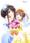  2girls :d absurdres bangs bare_shoulders blue_dress blue_eyes bouquet bridal_gauntlets bridal_veil brown_hair dress eyebrows_visible_through_hair flower hair_flower hair_ornament hair_ribbon high_school_fleet highres holding holding_bouquet jewelry kimiya_ryousuke misaki_akeno multiple_girls munetani_mashiro necklace official_art open_mouth parted_lips pearl_necklace red_eyes ribbon simple_background smile standing twintails veil wedding_dress white_background yellow_dress yuri 
