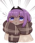 1girl :&lt; bangs blush brown_scarf cropped_torso dark_skin emphasis_lines eyebrows_visible_through_hair fate/prototype fate/prototype:_fragments_of_blue_and_silver fate_(series) fringe_trim hair_between_eyes hassan_of_serenity_(fate) i.u.y parted_lips plaid plaid_scarf purple_hair scarf sidelocks solo translated upper_body violet_eyes white_background 