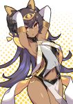  1girl absurdres armpits arms_behind_head black_gloves black_panties breasts bright_pupils brll cowboy_shot dark_skin elbow_gloves eyebrows_visible_through_hair gloves hair_between_eyes halftone halftone_background hands_up highres layered_gloves long_hair looking_at_viewer navel nephthys_(world_flipper) panties parted_lips purple_hair red_eyes small_breasts solo standing thigh_gap two-tone_background underwear very_long_hair white_background white_gloves world_flipper yellow_background 