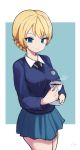  1girl artist_name asutoro_(s--t) bangs blonde_hair blue_eyes braid closed_mouth commentary cup darjeeling_(girls_und_panzer) eyebrows_visible_through_hair girls_und_panzer green_background highres holding holding_cup holding_saucer looking_at_viewer outside_border saucer school_uniform short_hair signature smile solo st._gloriana&#039;s_school_uniform standing steam teacup tied_hair 