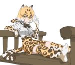  1girl animal_ears animal_print arm_rest bangs belt blonde_hair bow bowtie brown_hair center_frills closed_mouth elbow_gloves eyebrows eyebrows_visible_through_hair feet_out_of_frame frills fur_scarf gloves hand_up high-waist_skirt highres jaguar_(kemono_friends) jaguar_ears jaguar_tail kemono_friends leaning_back medium_hair miniskirt multicolored_hair no_shoes outstretched_legs print_gloves print_legwear print_skirt scarf shirt short_sleeves simple_background sitting skirt smile solo tail tanabe_(fueisei) thigh-highs white_background white_hair white_shirt yellow_eyes zettai_ryouiki 