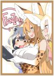  3girls :3 :d animal_ear_fluff animal_ears belt bespectacled blonde_hair blue_shirt border bow bowtie breasts brown_eyes common_raccoon_(kemono_friends) elbow_gloves fang fennec_(kemono_friends) fox_ears from_side glasses gloves gradient_gloves grey_hair hayashi_(l8poushou) high-waist_skirt holding kemono_friends large_breasts long_hair multiple_girls older open_mouth orange_border orange_bow orange_gloves orange_hair pink_shirt raccoon_ears semi-rimless_eyewear serval_(kemono_friends) serval_ears serval_print shirt skirt smile speech_bubble tablet_pc under-rim_eyewear very_long_hair white_gloves white_shirt yellow_eyes yellow_neckwear 