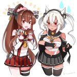  2girls asymmetrical_legwear bangs bare_shoulders black_gloves blush breasts brown_hair budget_sarashi cropped_legs dark_skin elbow_gloves glasses gloves grey_skirt hair_ornament headgear highres hip_vent holding kantai_collection large_breasts long_hair multiple_girls musashi_(kantai_collection) open_mouth partly_fingerless_gloves ponytail red_eyes red_skirt sarashi simple_background skirt thigh-highs twitter_username white_hair yamato_(kantai_collection) yunamaro 