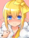  1girl blonde_hair blue_eyes blush bow brll closed_mouth eyebrows_visible_through_hair hair_between_eyes hair_bow looking_at_viewer nose_blush original pink_background pointy_ears portrait simple_background smile solo yellow_bow 